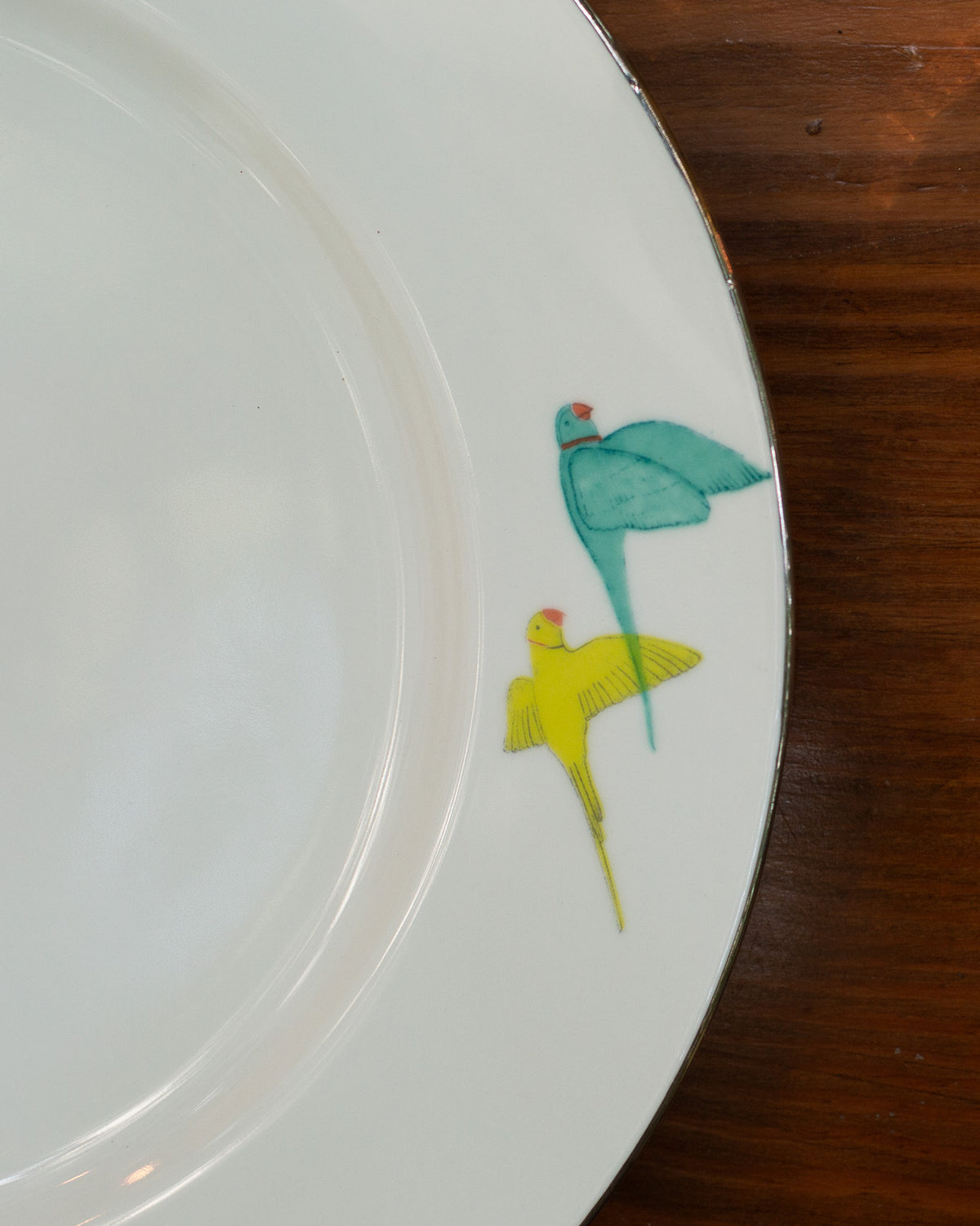 Close-up of the Botanical Dinner Plate rim showing teal and yellow birds.