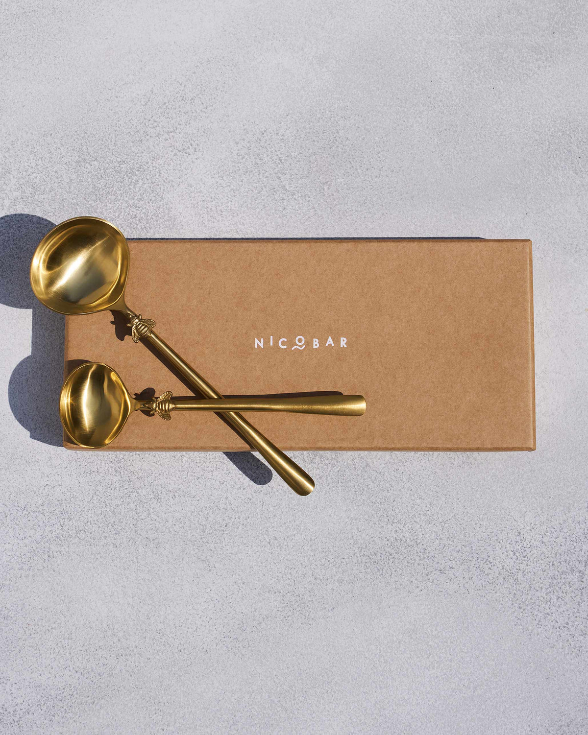Pair of Firefly serving spoons resting on a kraft Nicobar box.