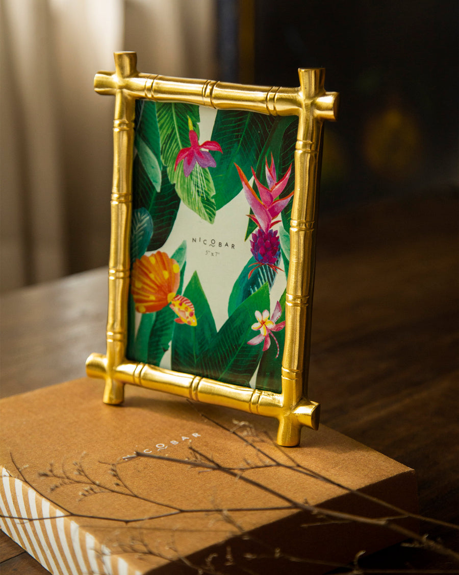 The Bamboo Photo Frame standing on its Nicobar gift box.