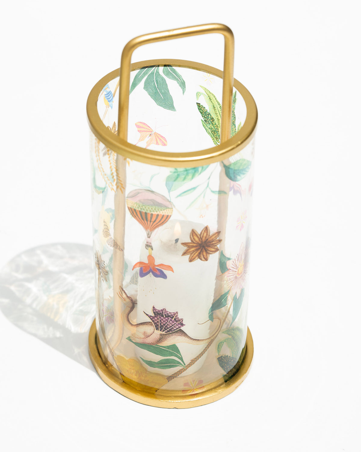 Wildflower lantern seen from above, with hot-air balloon and star motifs.