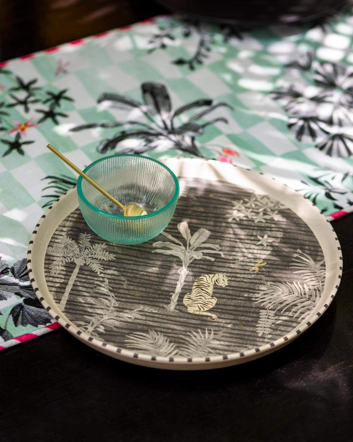 Periyar Chip & dip platter with a tiger motif and a teal glass bowl.