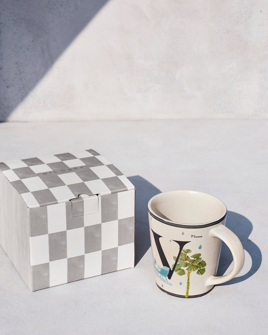 The Vriksh Mug beside its chequered Nicobar gift box.