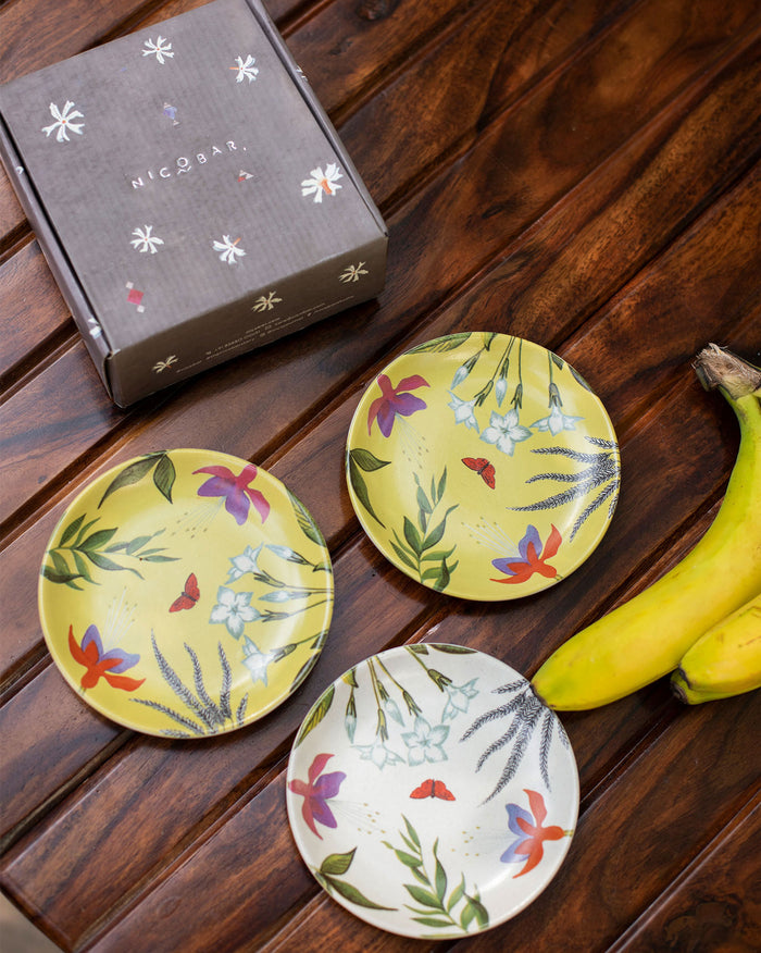 Three Botanical Tea Plates beside a Nicobar gift box.